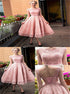 A Line Scoop Tea Length Pink Lace Prom Dress LBQ0910